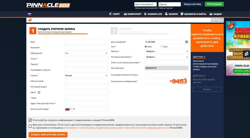 Анкета регистрации Пинакл888