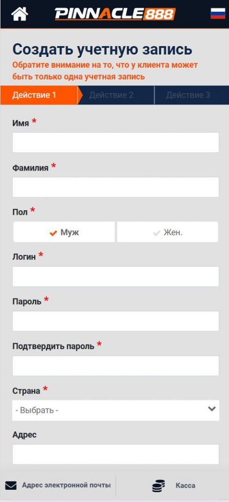 Анкета регистрации Пинакл888